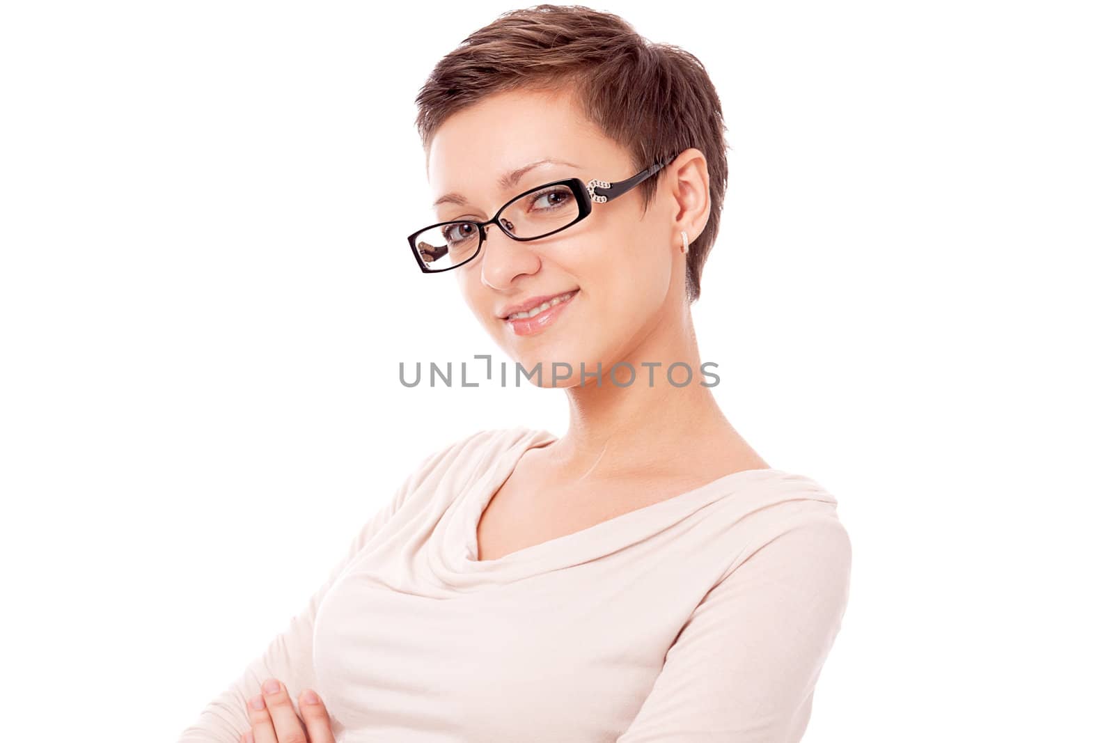 young attractive smiling woman with glasses portrait isolated on white backround