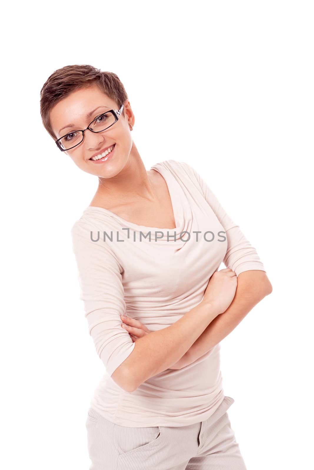 young attractive smiling woman with glasses portrait isolated on white backround