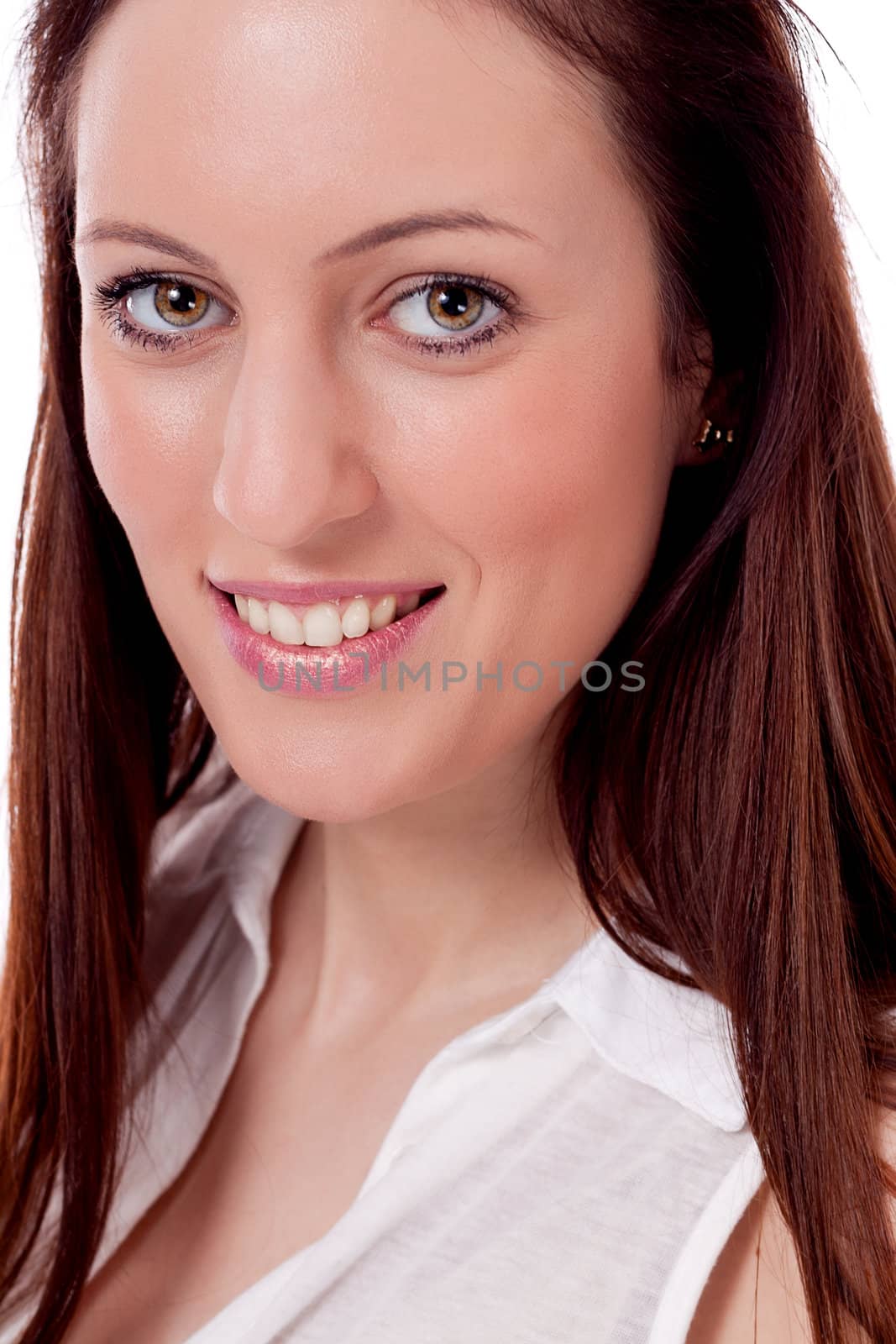 brunette woman in casual outfit is smiling portrait isolated on white background