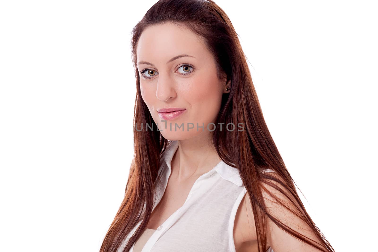 brunette woman in casual outfit is smiling portrait isolated on white background
