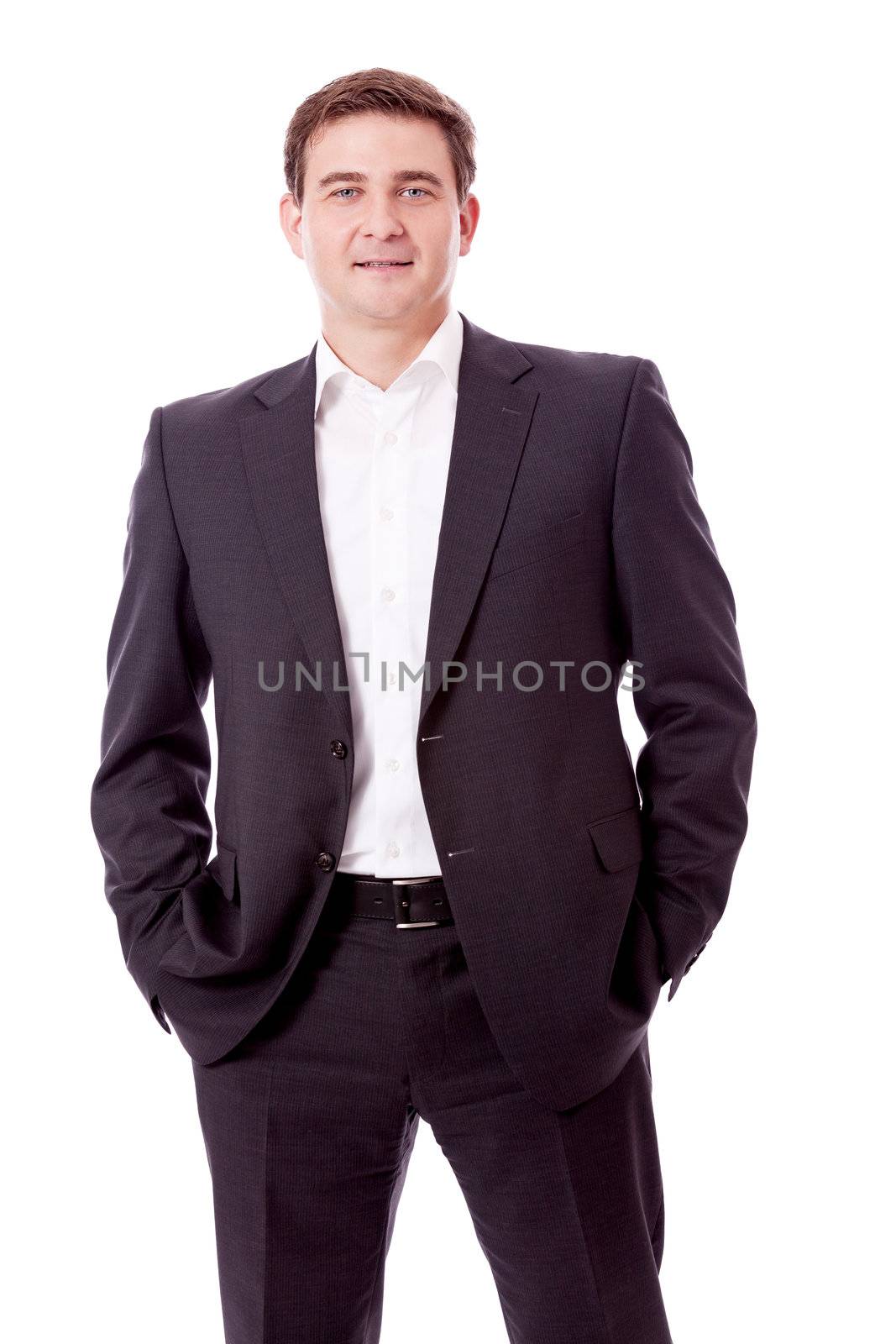 adult smiling business man with black suit isolated on white background