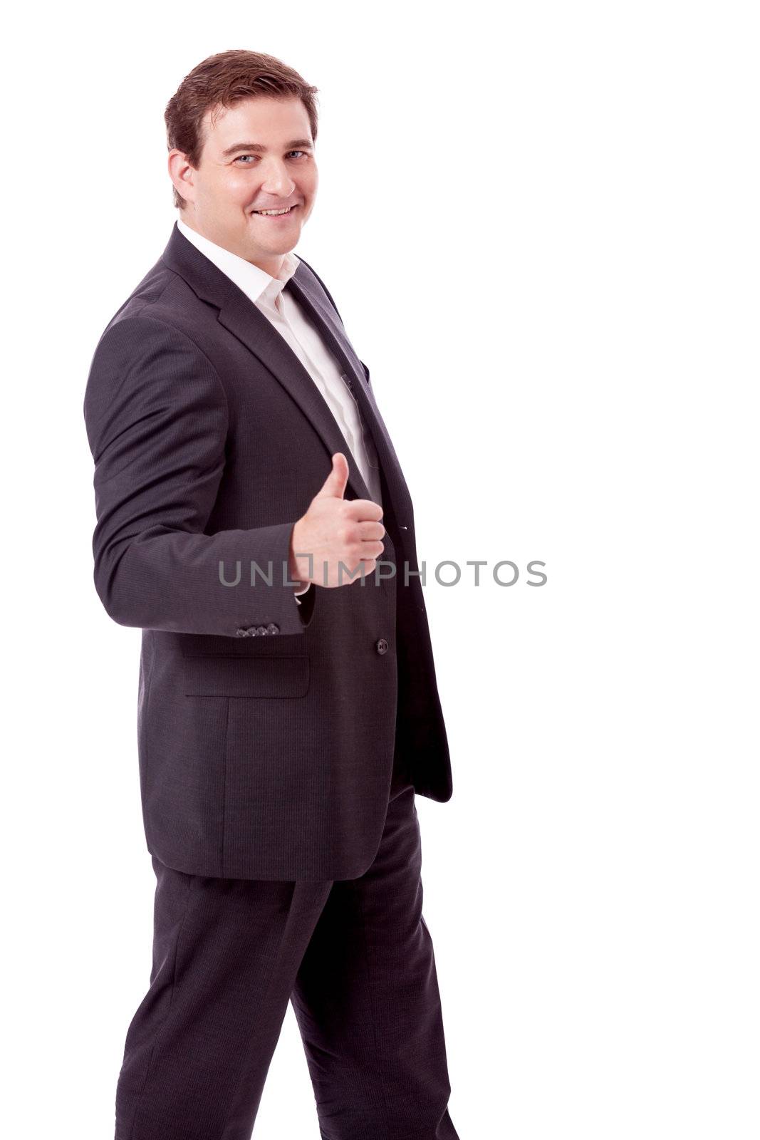 adult smiling business man with black suit isolated on white background