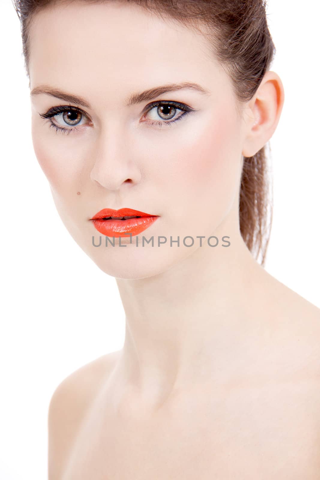 perfect beauty woman face with orange lips isolated on white background