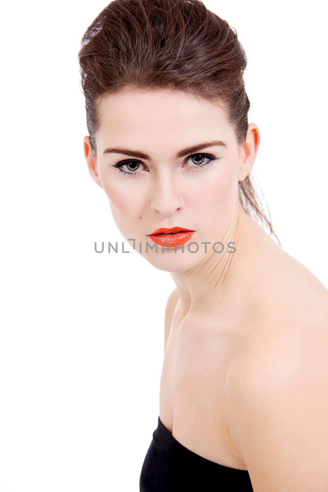 perfect beauty woman face with orange lips isolated on white background