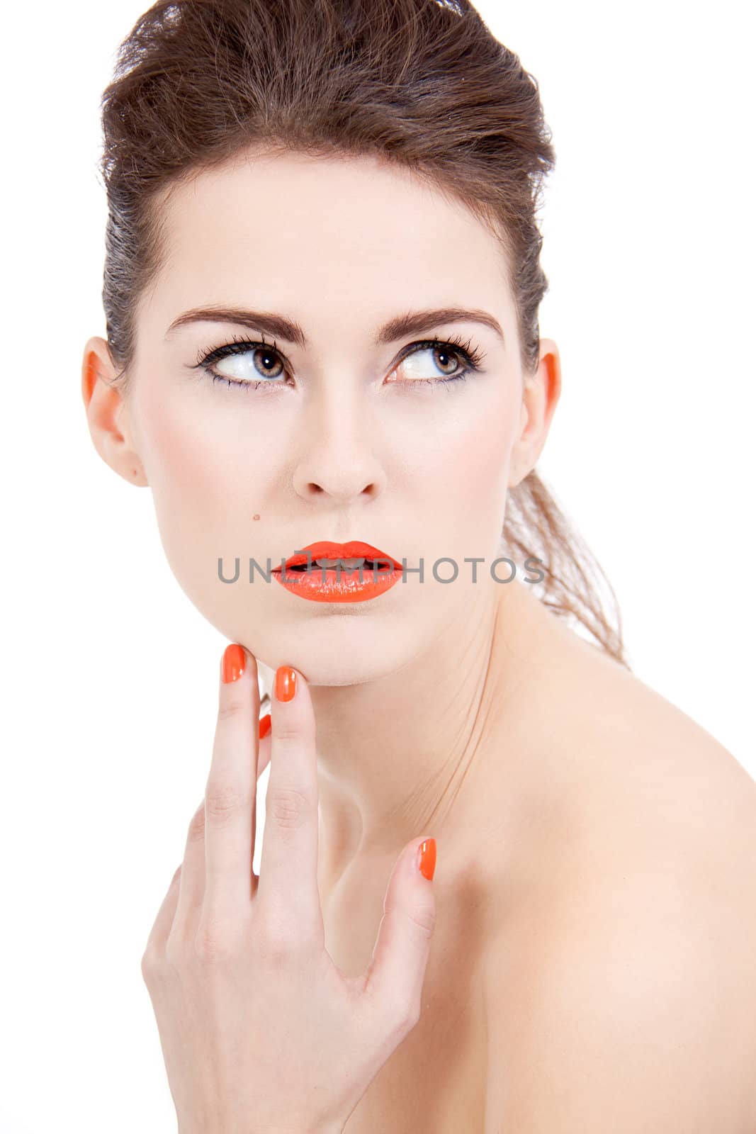 perfect beauty woman face with orange lips isolated on white background