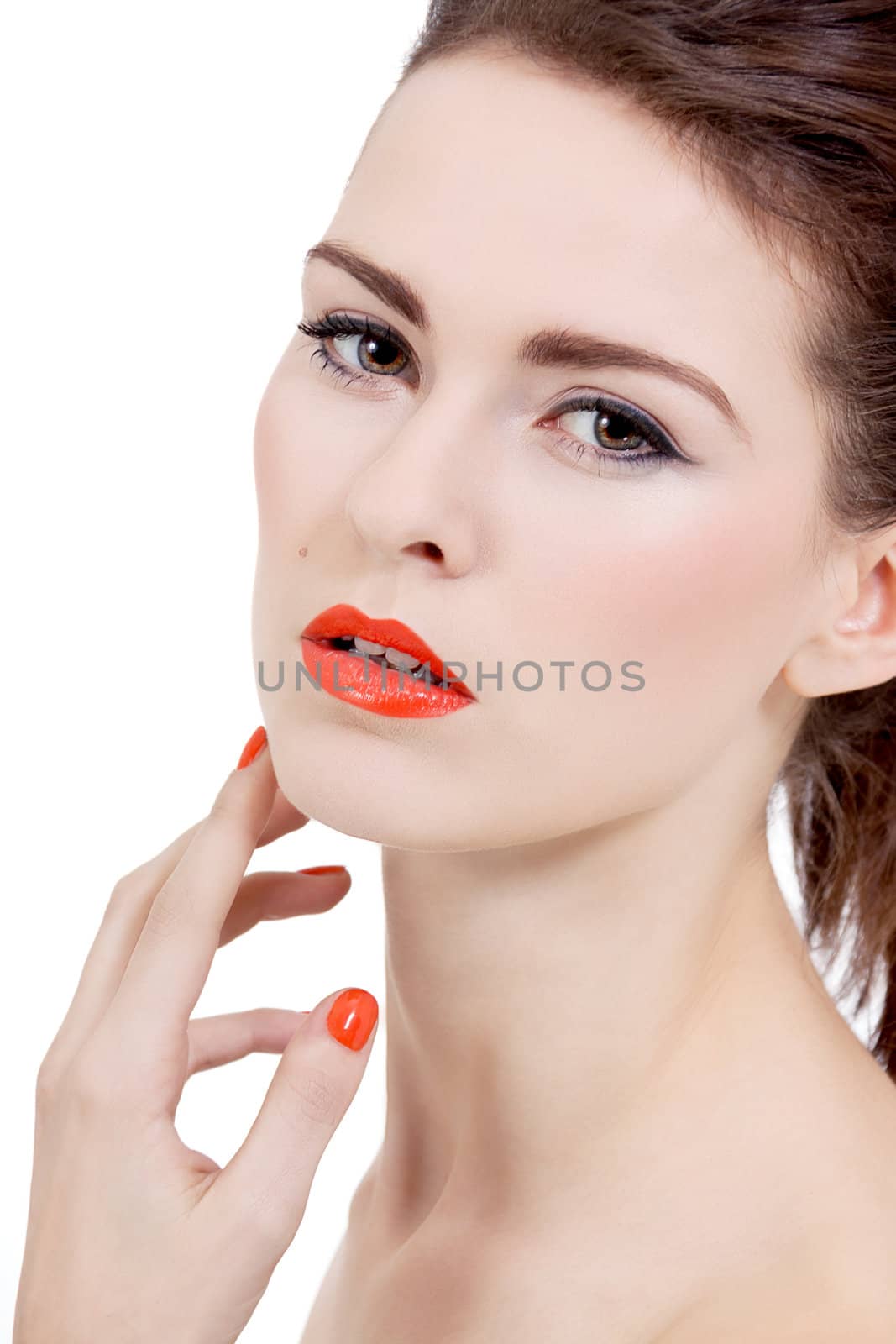 perfect beauty woman face with orange lips isolated on white background
