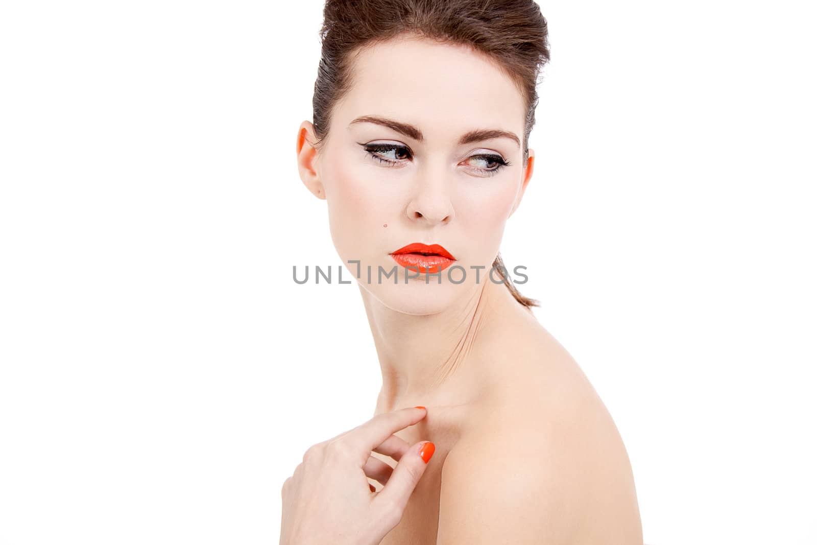 perfect beauty woman face with orange lips isolated on white background
