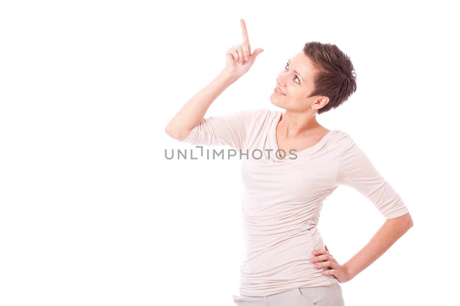 brunette woman in casual outfit is smiling portrait isolated on white background