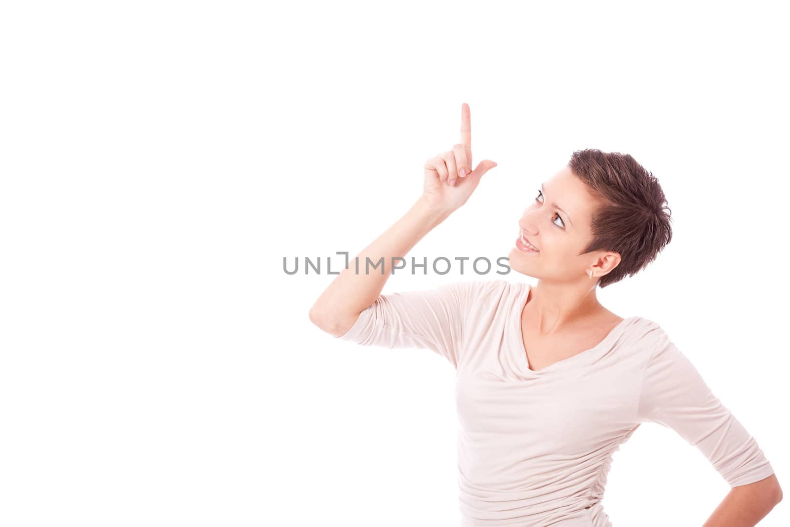 brunette woman in casual outfit is smiling portrait isolated on white background