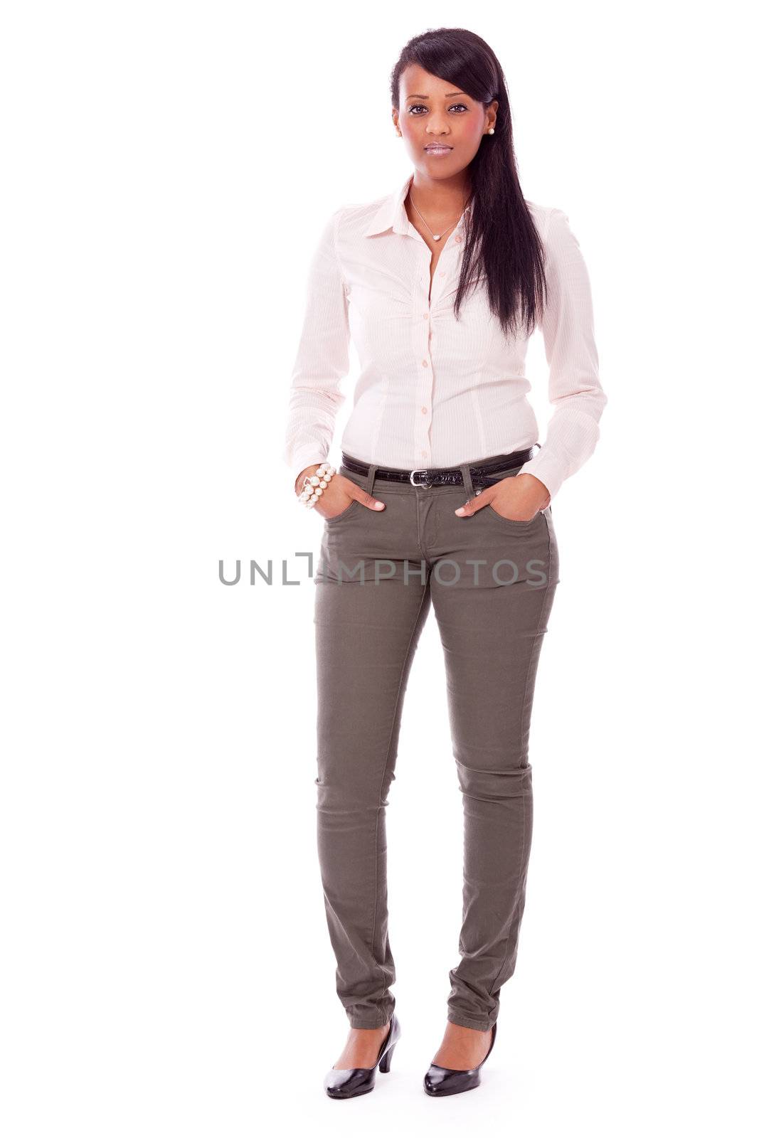 young successful african woman with big smile isolated on white background