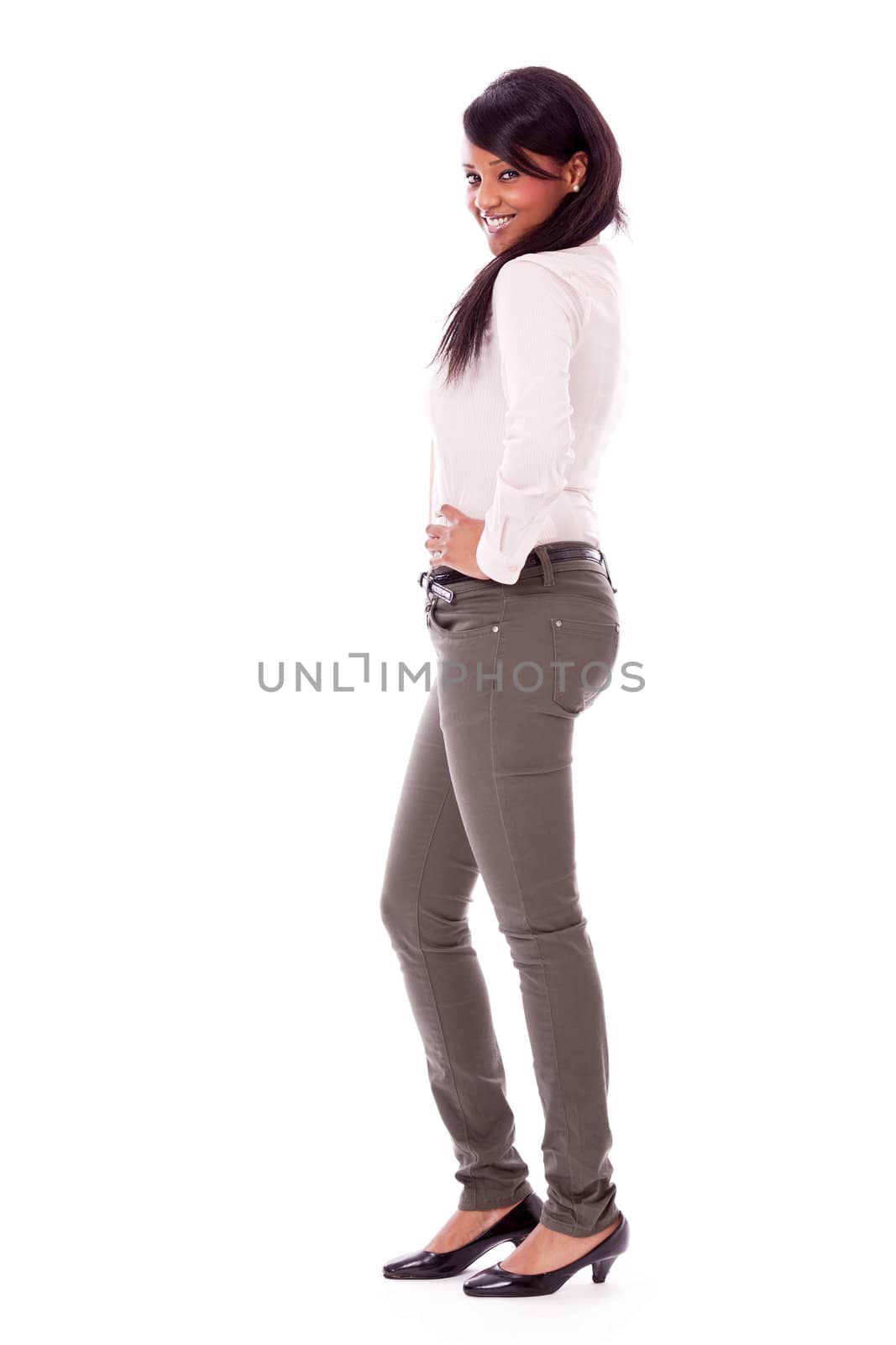 young successful african woman with big smile isolated on white background