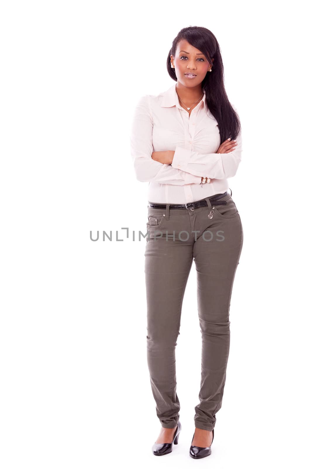 young successful african woman with big smile isolated on white background