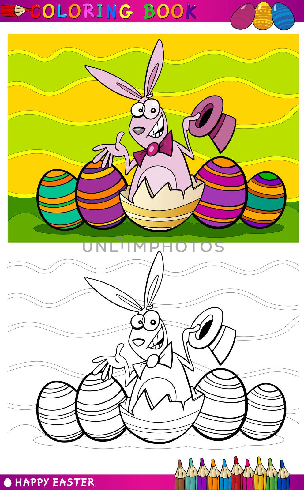 Coloring Book or Page Cartoon Illustration of Easter Bunny with Hat hatched from egg and Painted Eggs