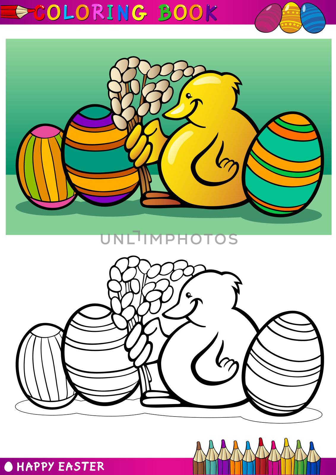 Coloring Book or Page Cartoon Illustration of Easter Little Chick or Chicken with Catkin and Painted Eggs