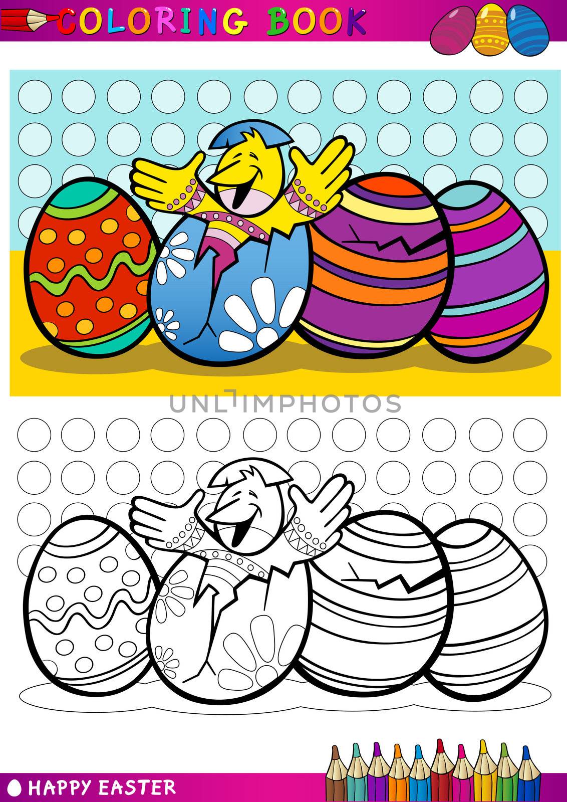 Coloring Book or Page Cartoon Illustration of Easter Little Chick or Chicken hatched from Egg and Painted Easter Eggs