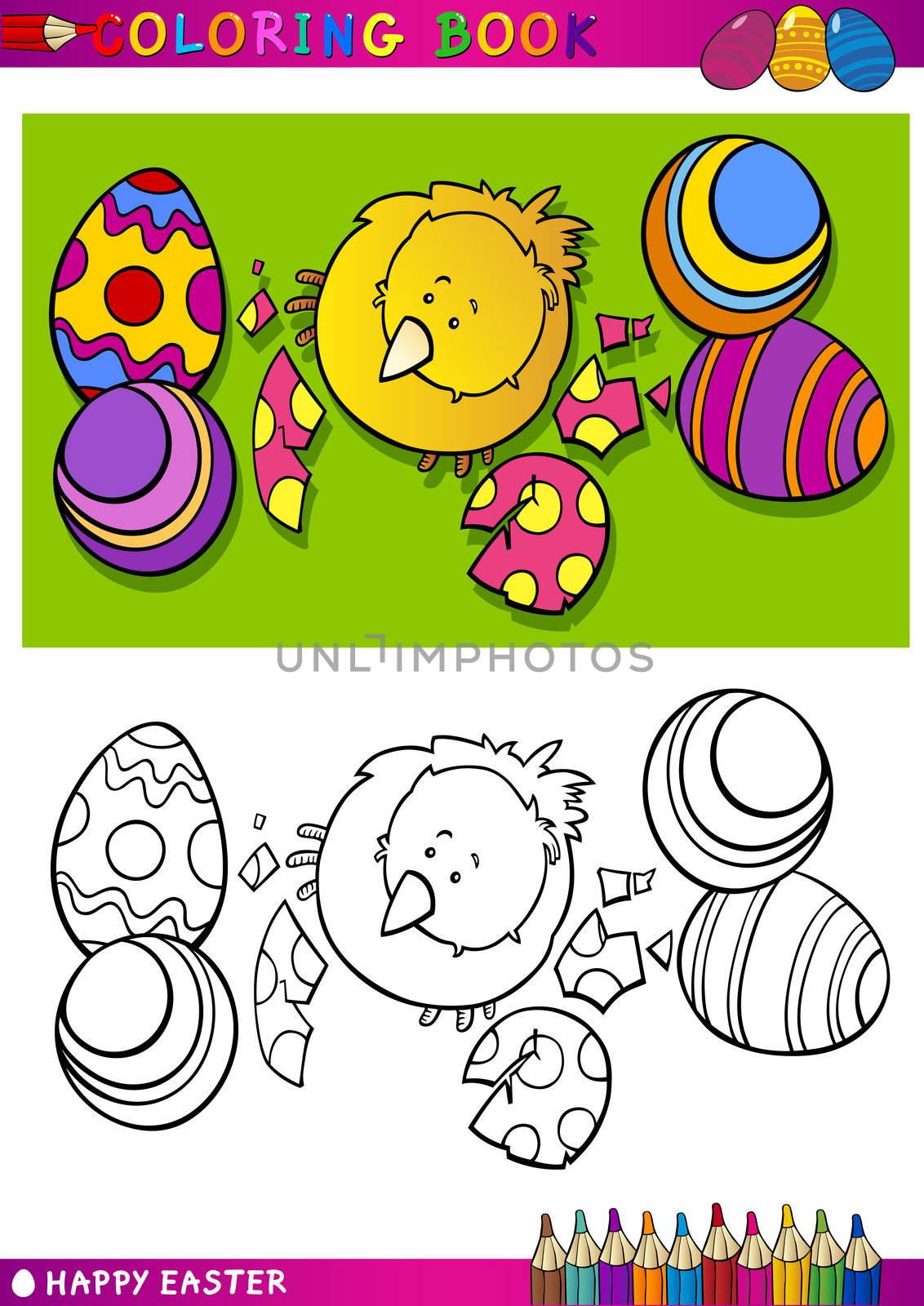 Coloring Book or Page Cartoon Illustration of Easter Little Chick or Chicken hatched from Egg and Painted Easter Eggs