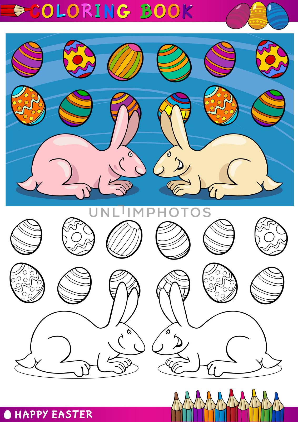 Coloring Book or Page Cartoon Illustration of Two Easter Bunnies with Painted Eggs and Spring Flower