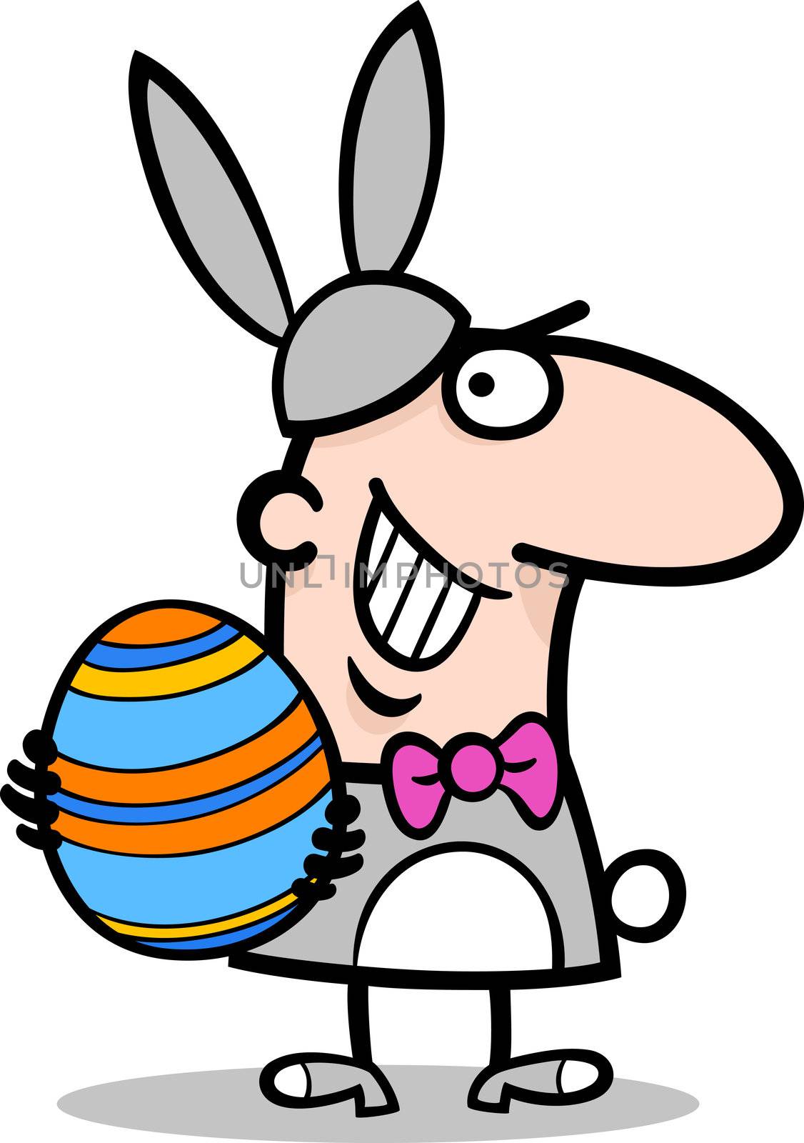 Cartoon Illustration of Funny Man in Easter Bunny Costume with Easter Egg in his Hands