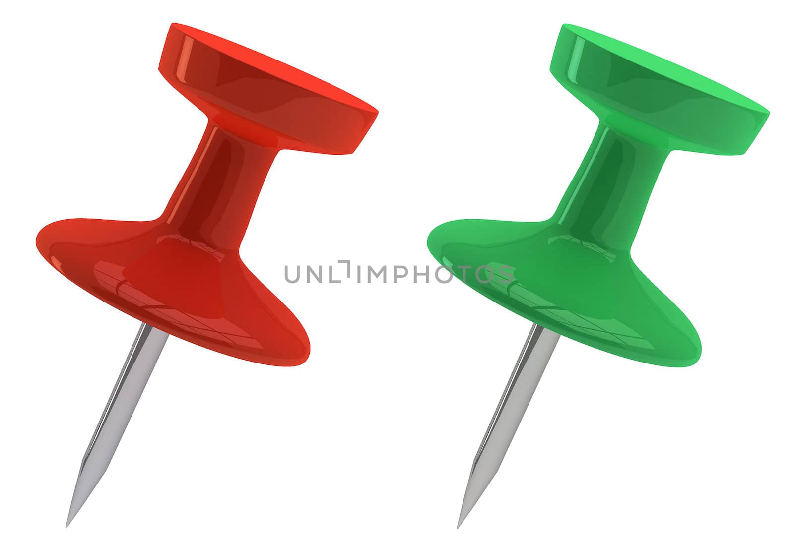 Glossy red and green pushpins isolated on white background. 3d illustration