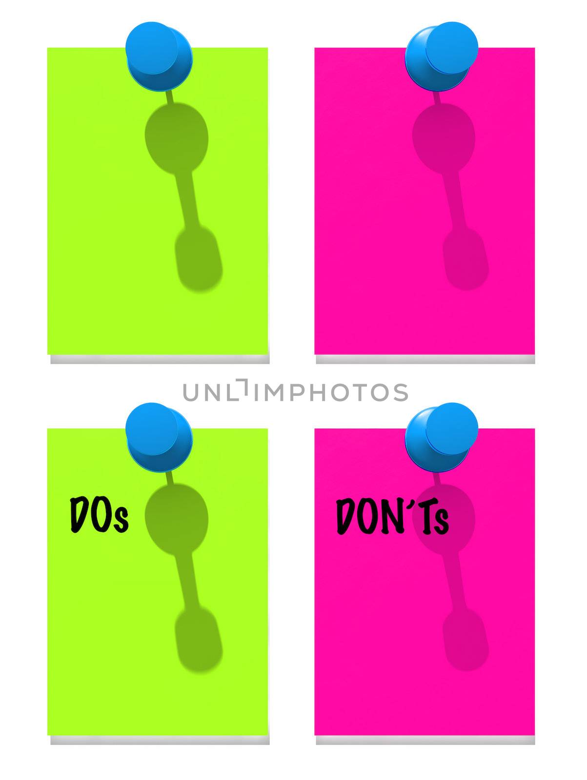 Blank and DOs and DON'Ts memo papers attached with green and pink pins.