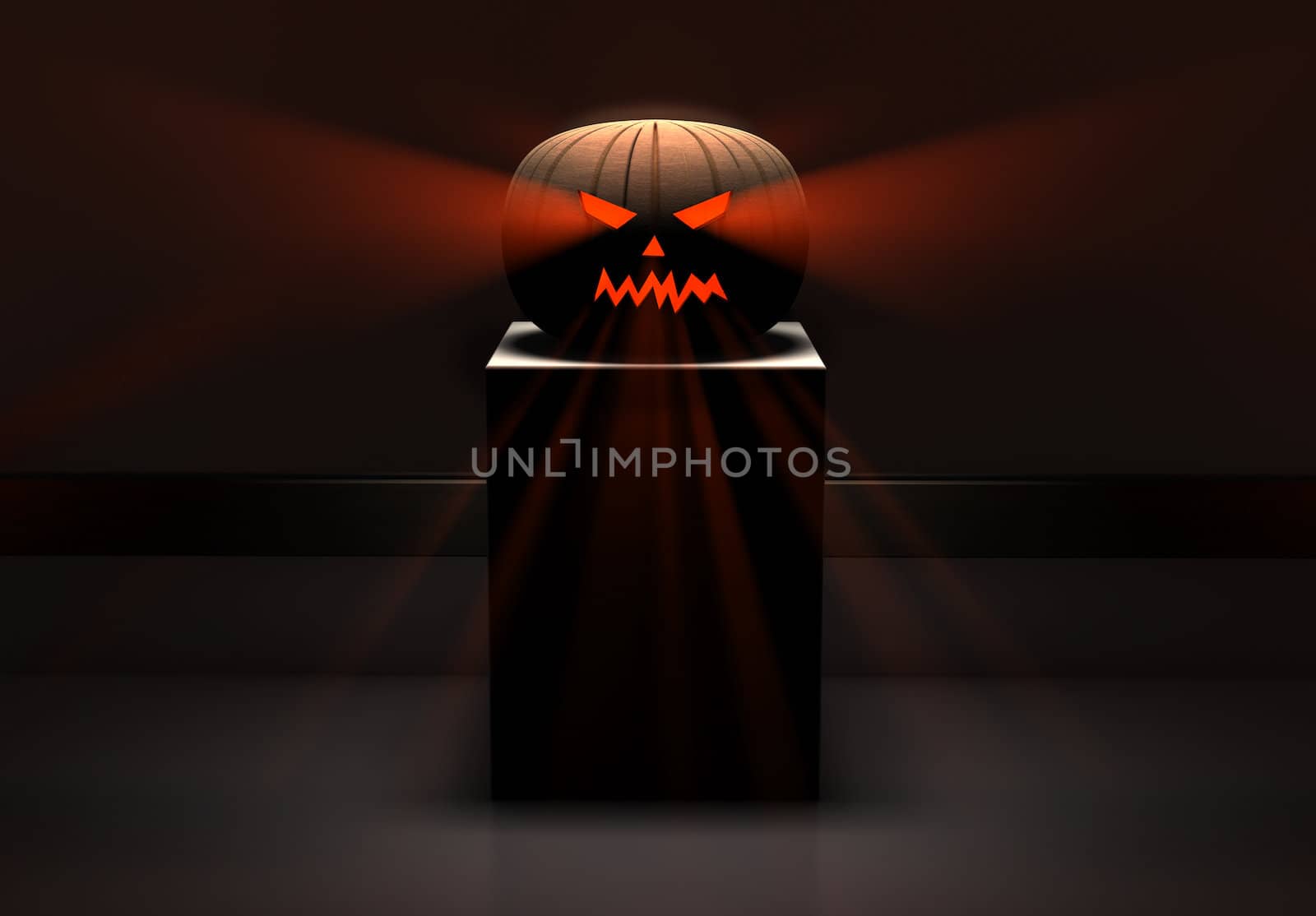 Halloween pumpkin on a cube in hall with red light through eyes, nose and mouth