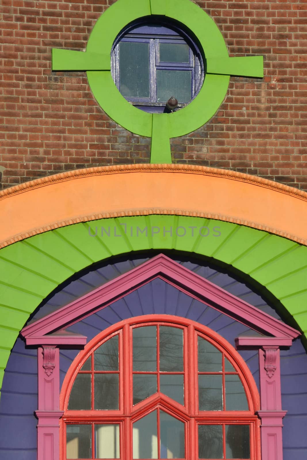 Detail of brightly colored brick Building