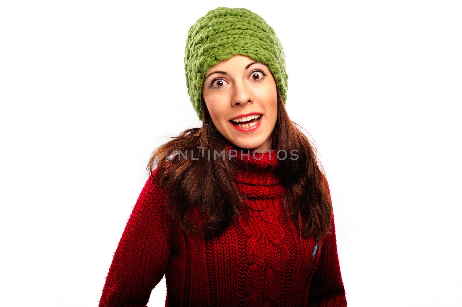 Attractive young caucasian woman in red sweater on white background