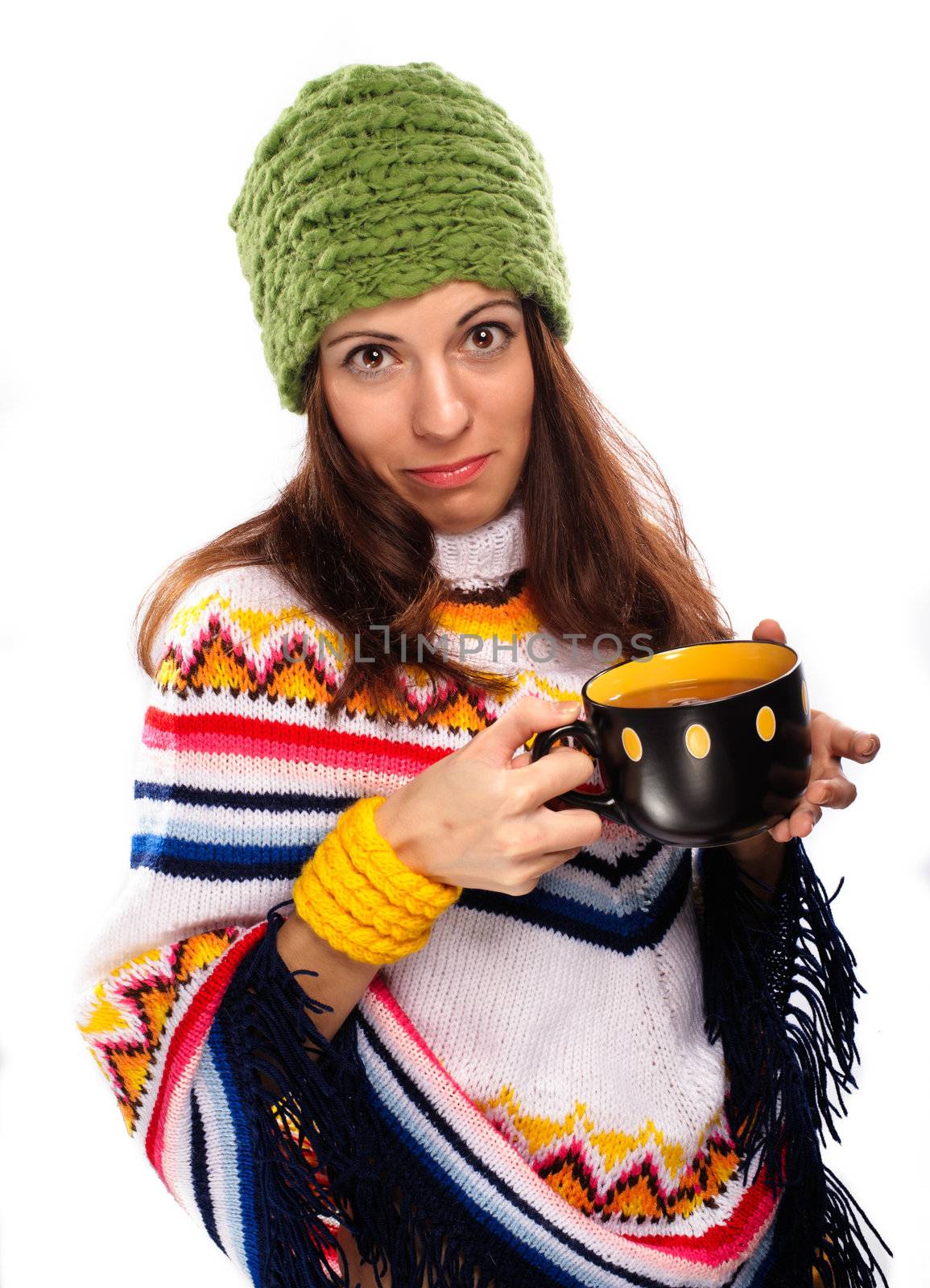 Attractive young caucasian woman in red sweater on white background