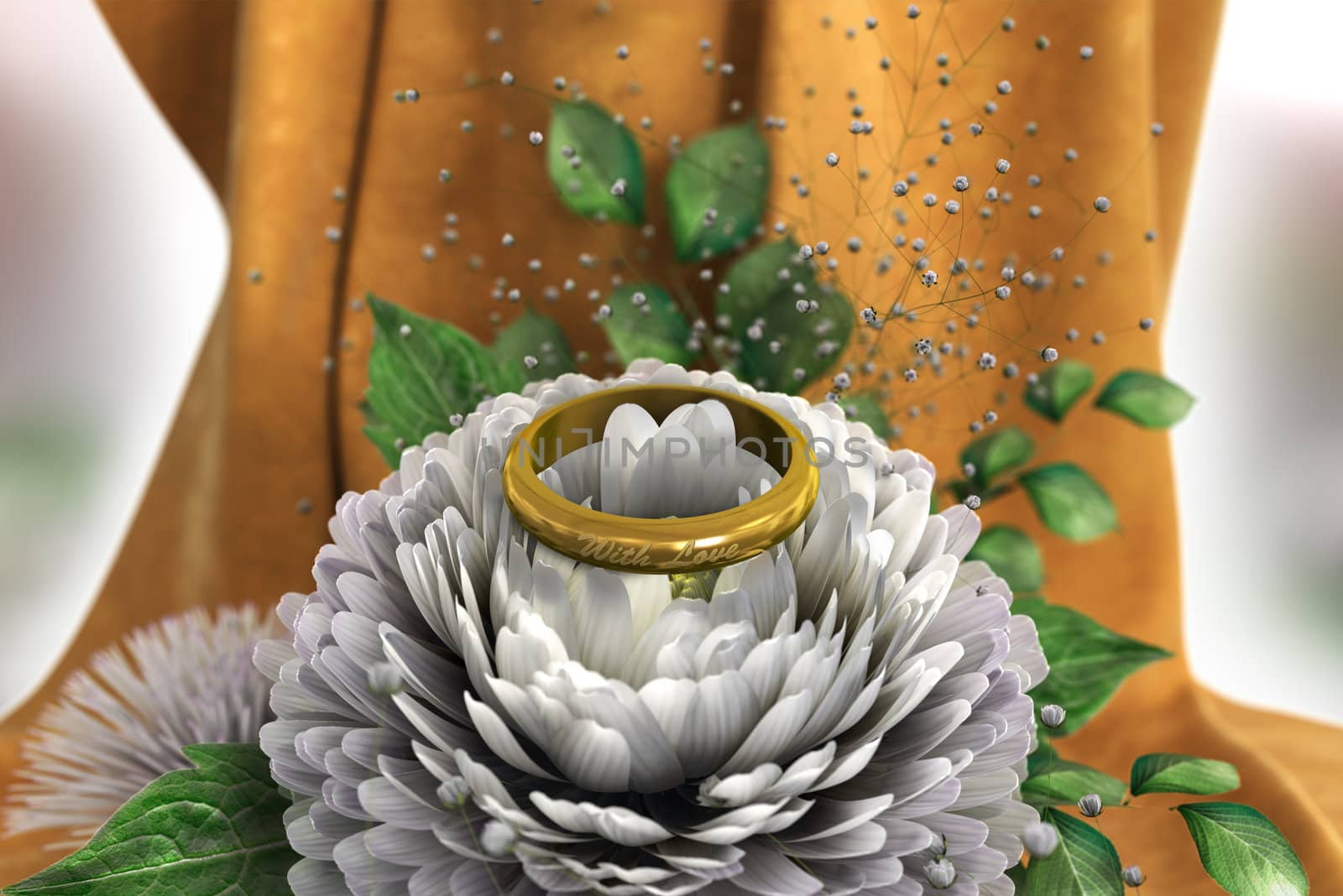 isolate on white holiday and wedding background with chrysanthemum and ring