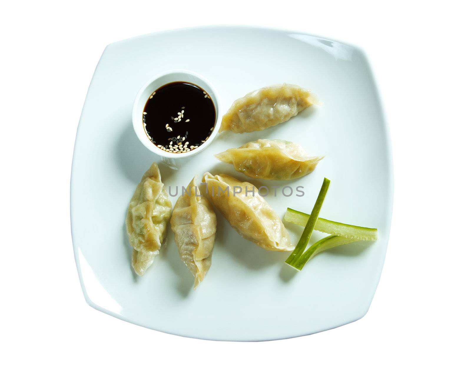 Dim-sum call Gyoza, asian tradition food.Fried Dumplings Chinese Style ..isolated on white background. clipping Path 