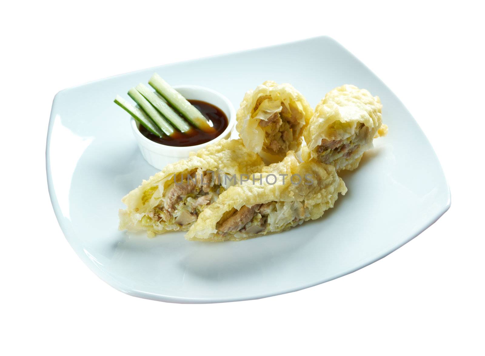 Tempura Maki Sushi - Roll made  c vegetable and meat..isolated on white background. clipping Path 