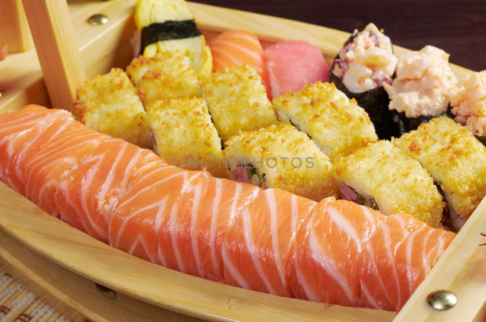 Assorted sushi Japanese food on the ship   traditional japanese food.