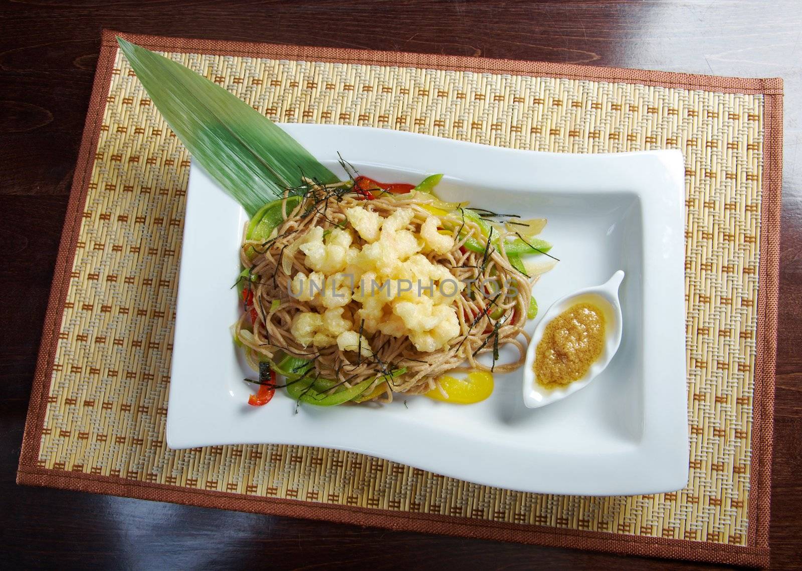 Japanese cuisine .Soba Noodle and Tempura Seafood and Vegetables