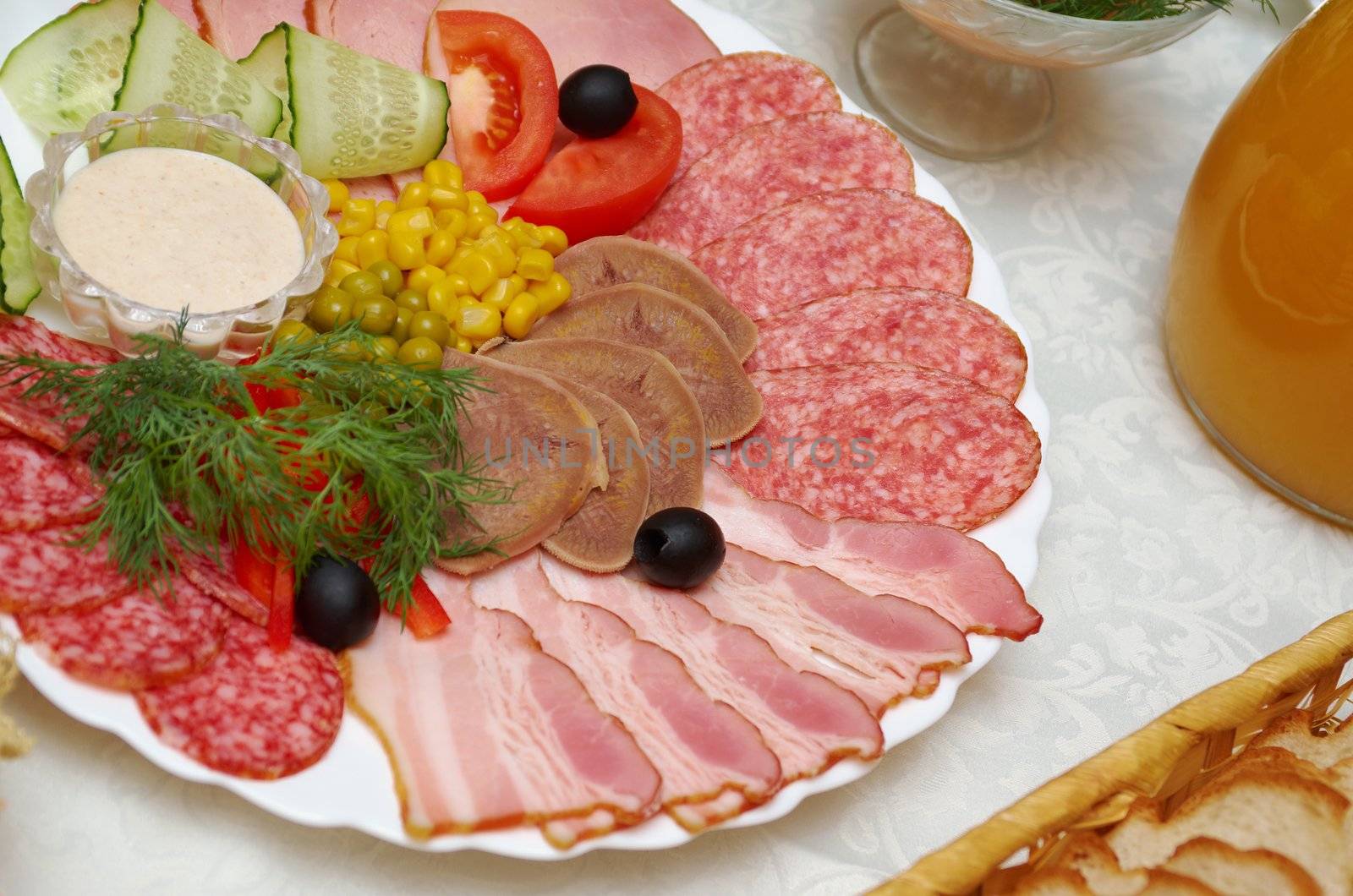 sliced pork arrangement. Shallow depth-of-field