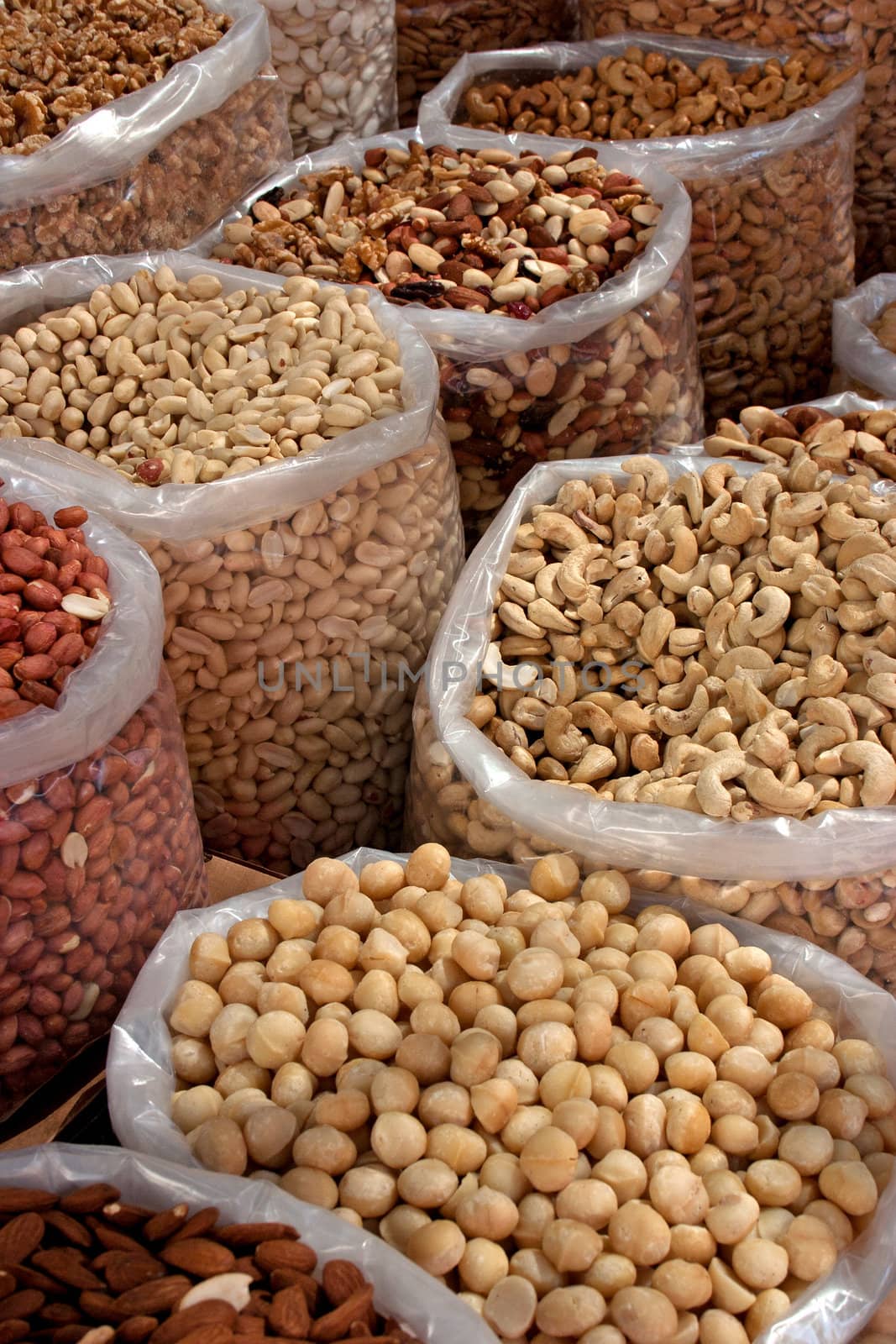 Dried nuts in bags at the market