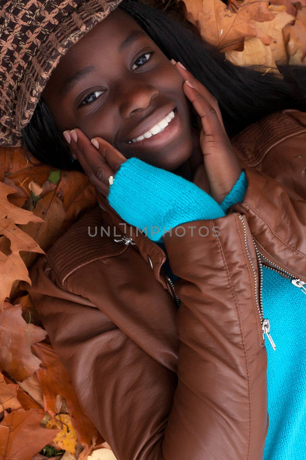 Happy  girl in the forest is having fun