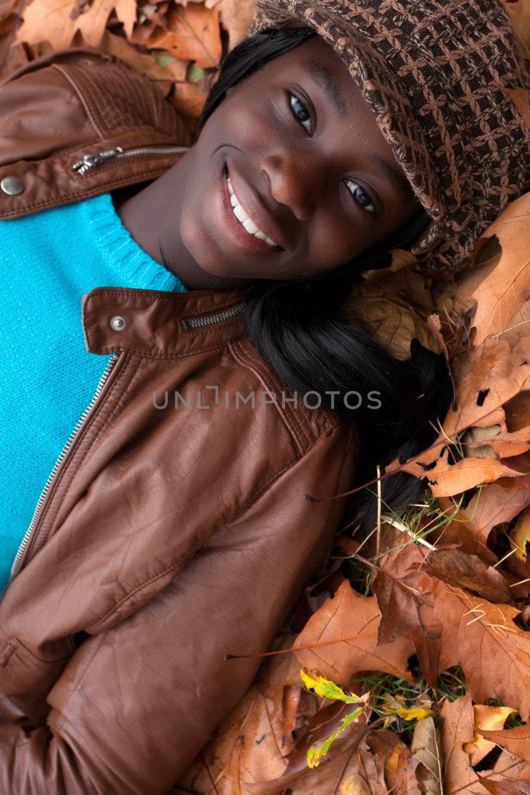 Happy  girl in the forest is having fun