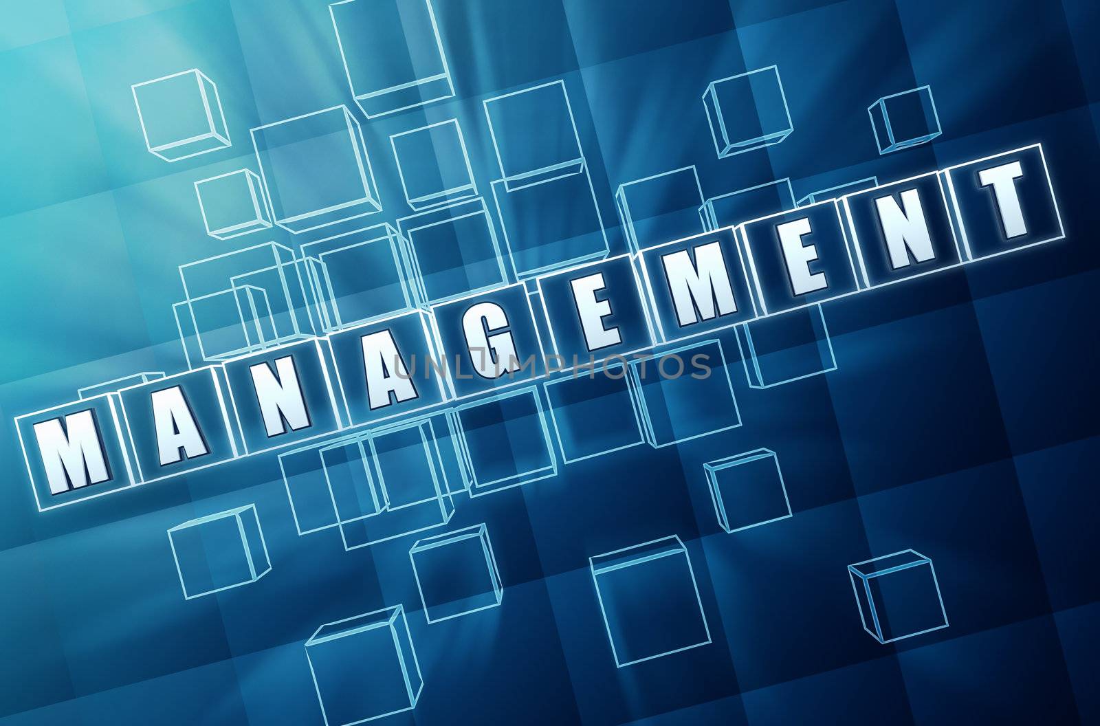 management text in 3d blue glass cubes with white letters, business concept