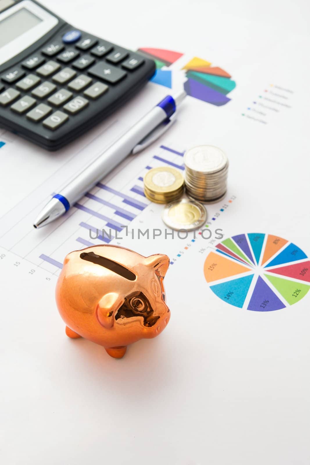 Money savings concept: charts, calculator, pen, pig, coins by simpson33