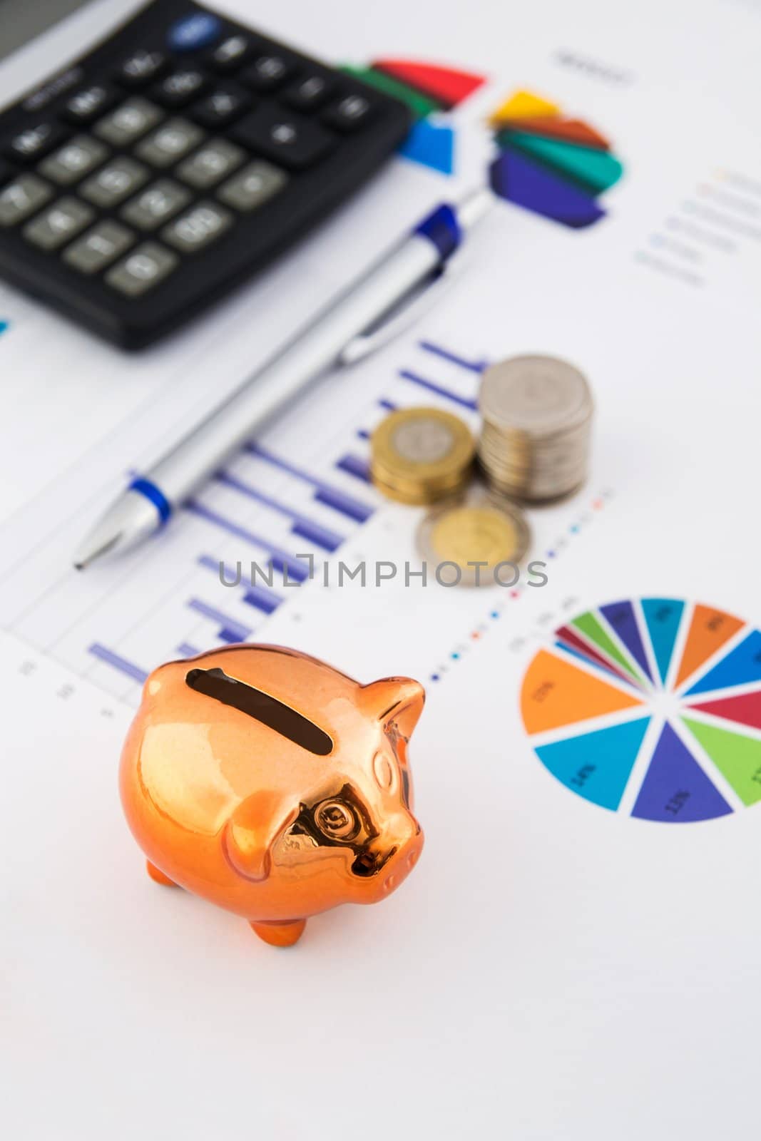 Money savings concept: charts, calculator, pen, pig, coins by simpson33