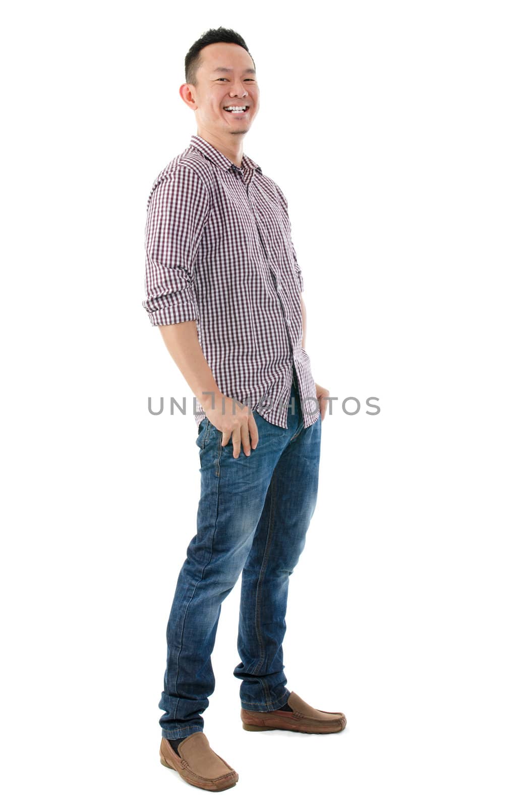 Cheerful full body Asian man standing  isolated on white background