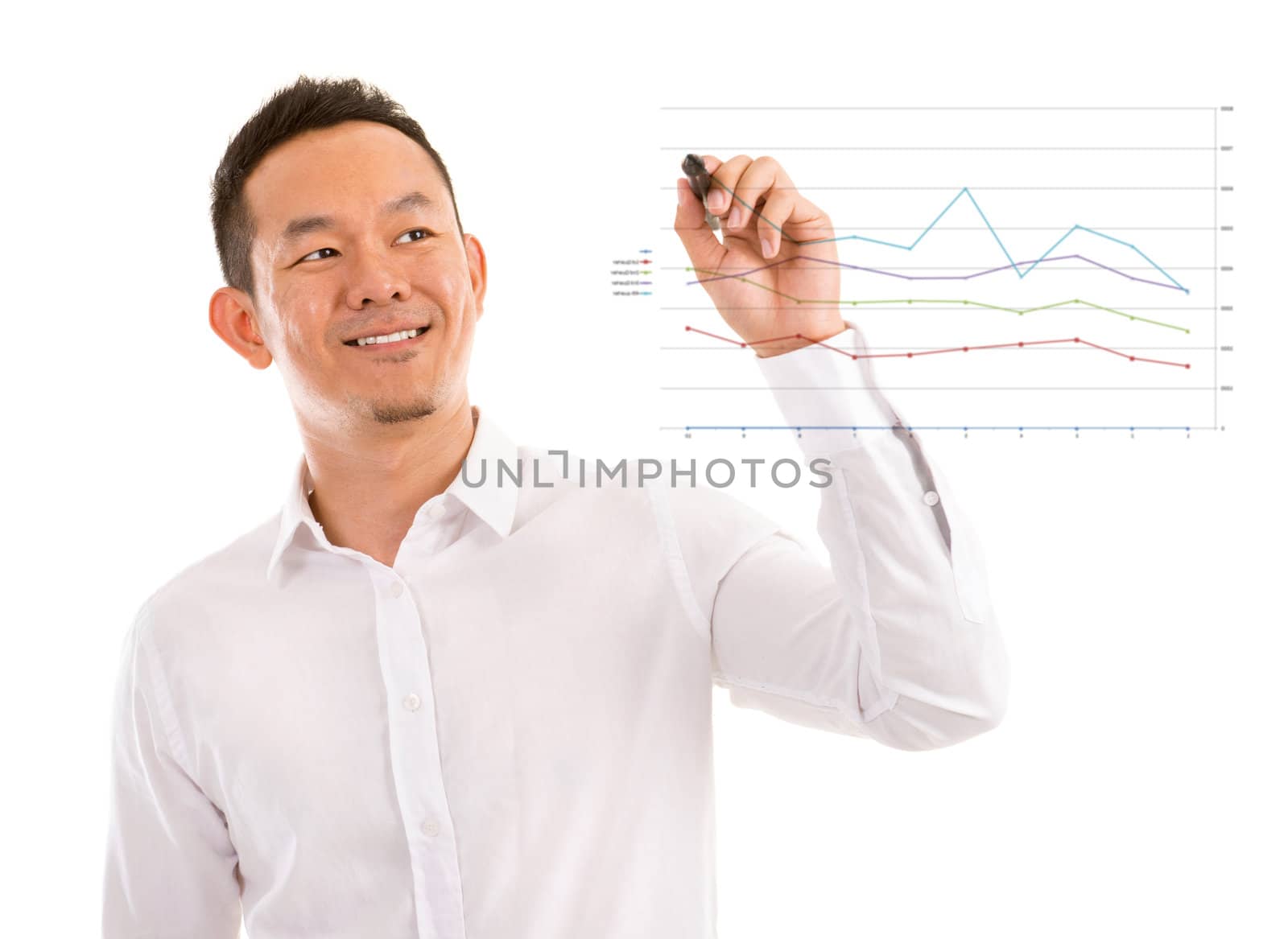 Asian male in white shirt writing something on glass board with marker