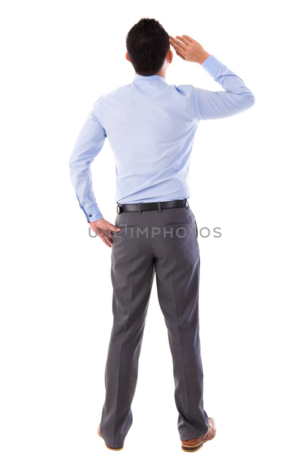Rear view full body Asian businessman standing isolated white background