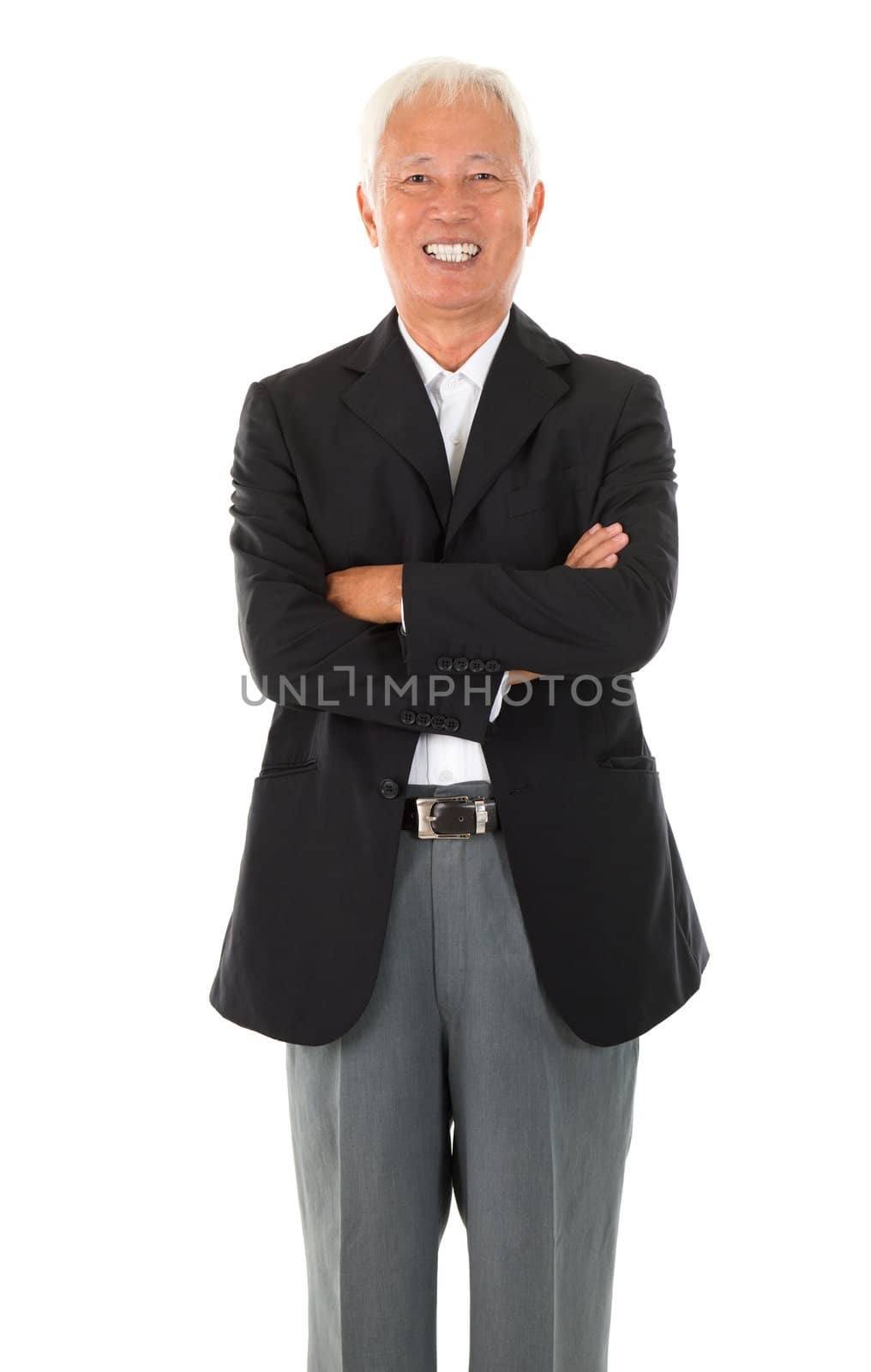 Cheerful Asian senior businessman standing isolated white background
