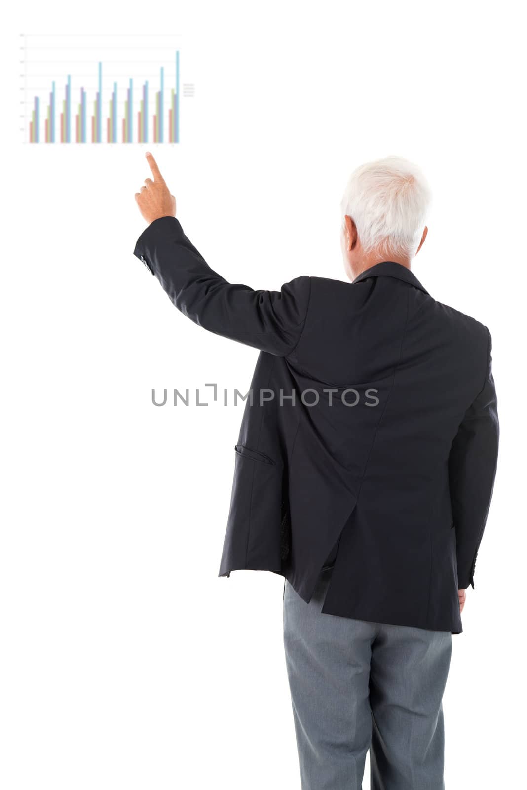 Asian businessman hand pointing business chart over white background