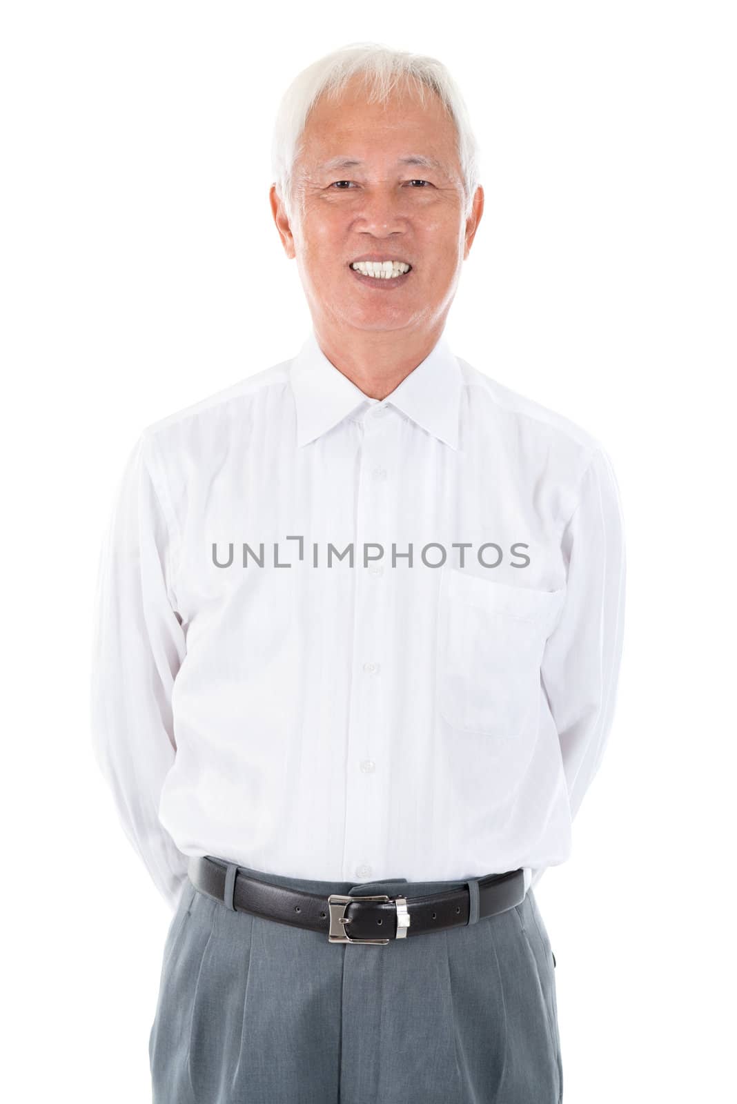 Confident Asian Chinese senior businessman standing isolated white background