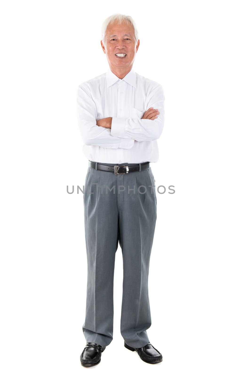 Full body Asian senior businessman standing isolated white background