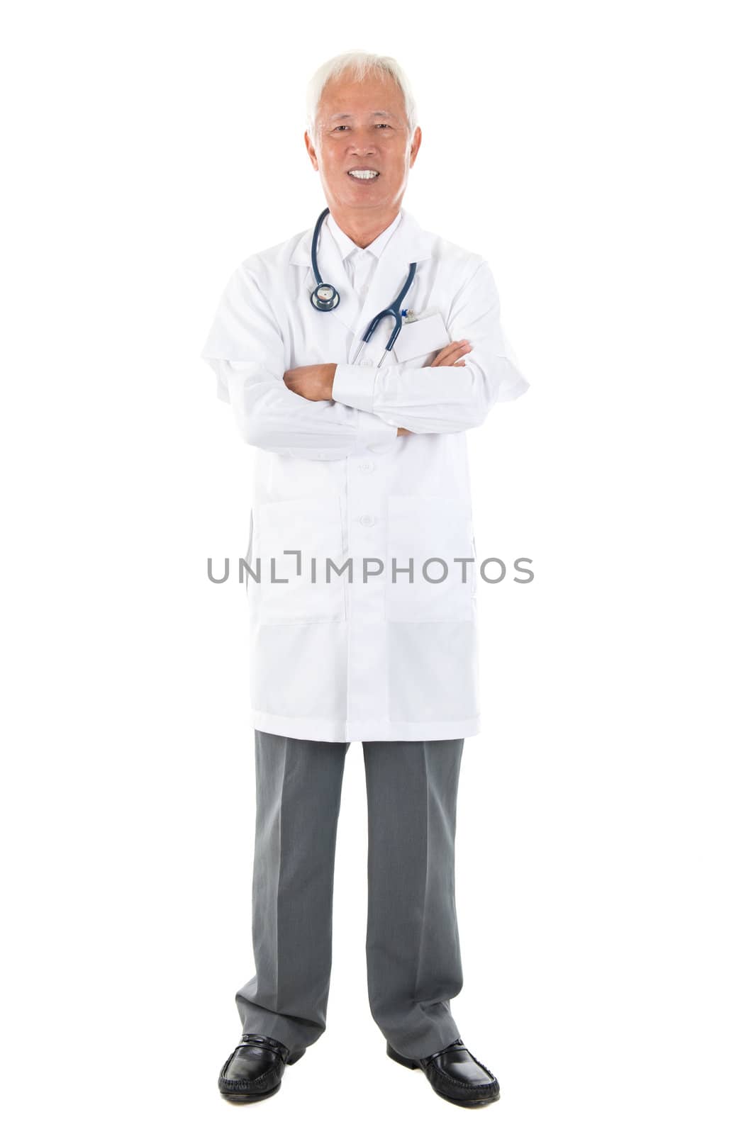 Full body Asian senior doctor standing on white background