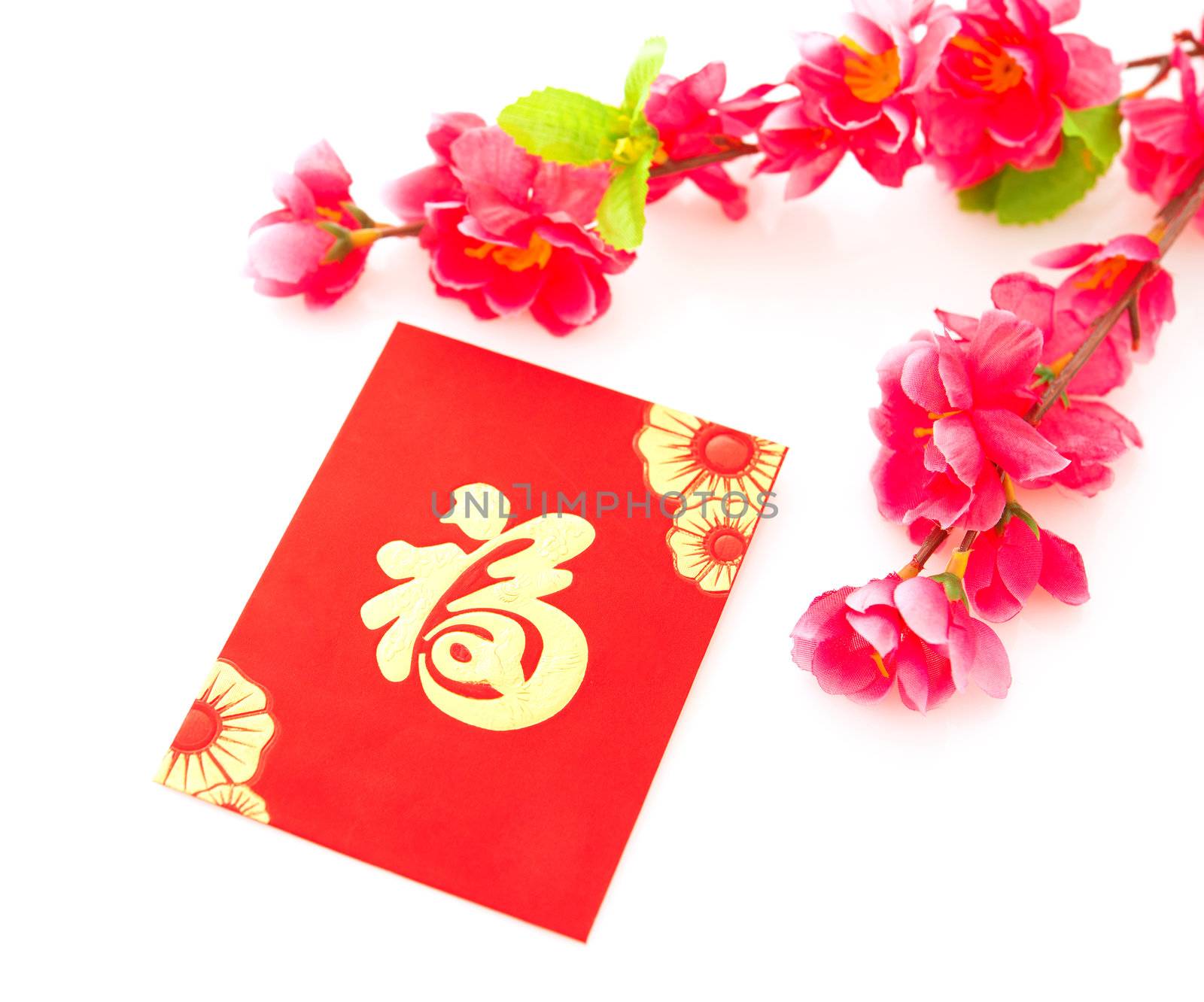 Chinese new year festival decorations on white background, the character on red packet or ang pow means prosperous.