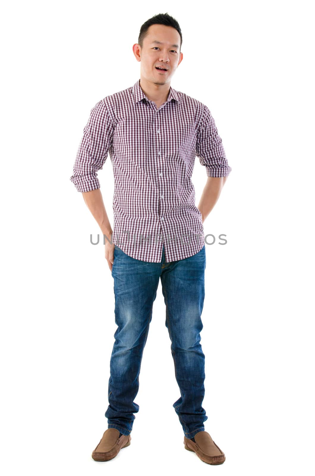 Front view full body Asian man standing  isolated on white background